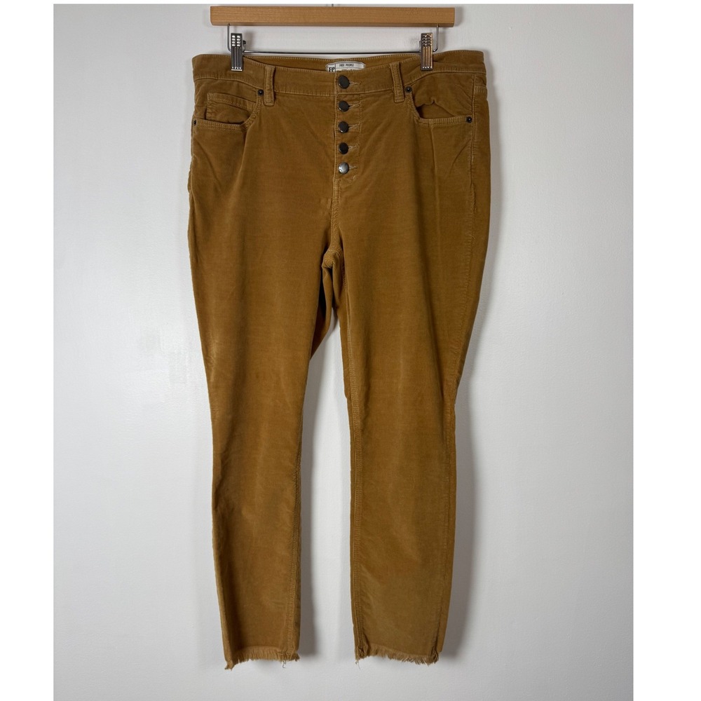 Boho Free People Womens 31 Corduroy Pants Mustard Tan Button Fly Raw Hem Skinny